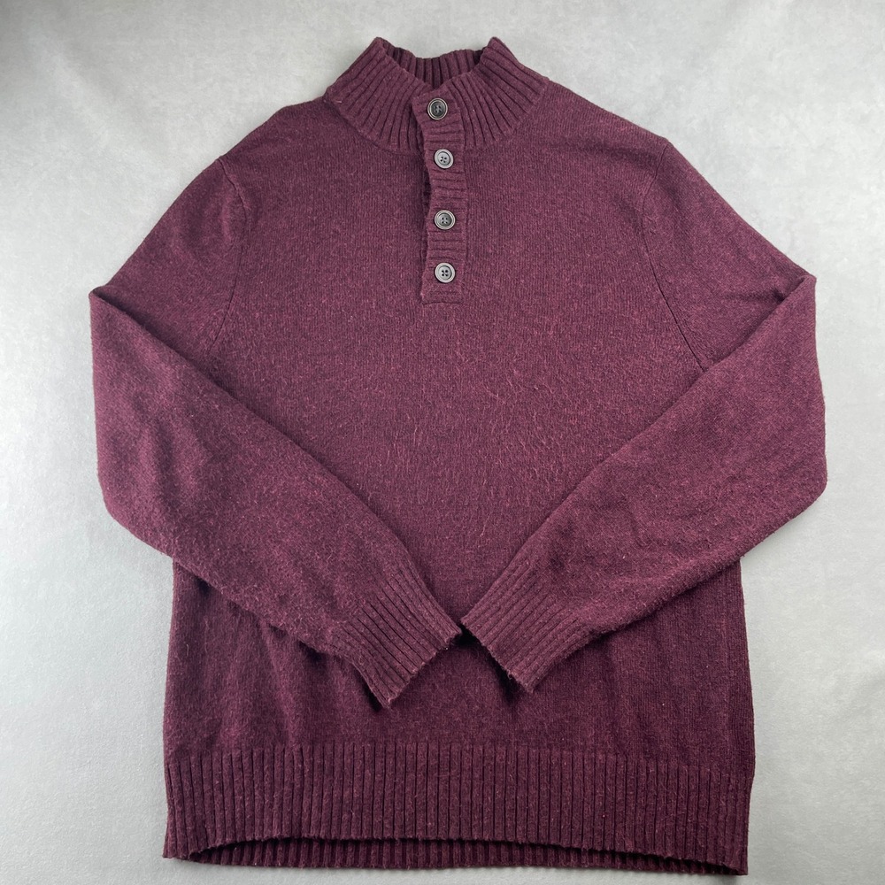 Banana Republic Wool Burgundy Mock Neck Button Sweater Men L Cotton Grandpa Core